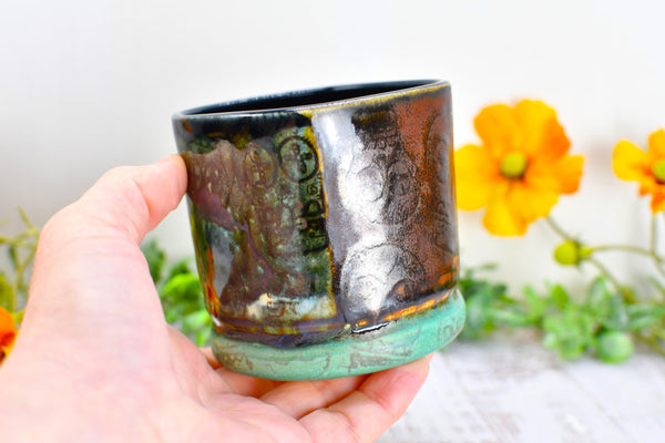Sugar Skull Bronze Whiskey Bourbon Cup, Pottery Anniversary Handmade Ceramic Tumbler Barware Wine Gift, Blue, Black, Green, Gothic Unique