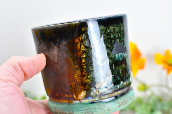 Sugar Skull Bronze Whiskey Bourbon Cup, Pottery Anniversary Handmade Ceramic Tumbler Barware Wine Gift, Blue, Black, Green, Gothic Unique