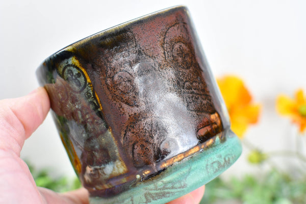 Sugar Skull Bronze Whiskey Bourbon Cup, Pottery Anniversary Handmade Ceramic Tumbler Barware Wine Gift, Blue, Black, Green, Gothic Unique