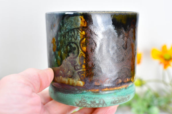 Sugar Skull Bronze Whiskey Bourbon Cup, Pottery Anniversary Handmade Ceramic Tumbler Barware Wine Gift, Blue, Black, Green, Gothic Unique