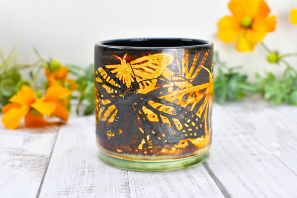 Butterfly Bronze Ceramic Cup for Wine, Whiskey, Bourbon, Pottery Anniversary Handmade Tumbler, Black, Green, Tan, Monarch Garden Lover Gift
