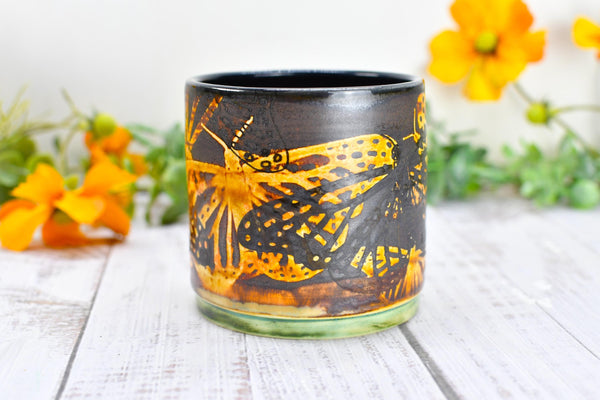 Butterfly Bronze Ceramic Cup for Wine, Whiskey, Bourbon, Pottery Anniversary Handmade Tumbler, Black, Green, Tan, Monarch Garden Lover Gift