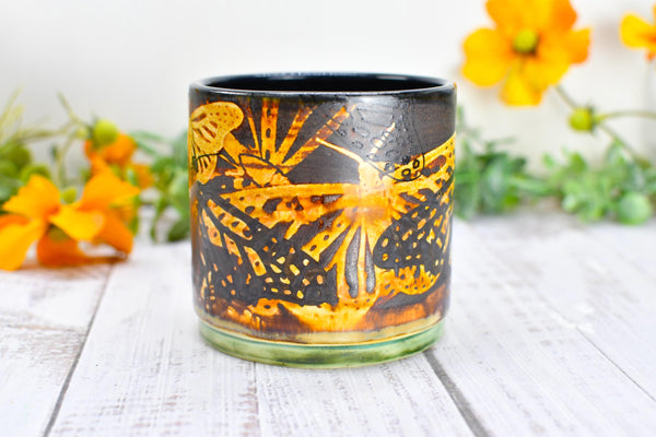 Butterfly Bronze Ceramic Cup for Wine, Whiskey, Bourbon, Pottery Anniversary Handmade Tumbler, Black, Green, Tan, Monarch Garden Lover Gift
