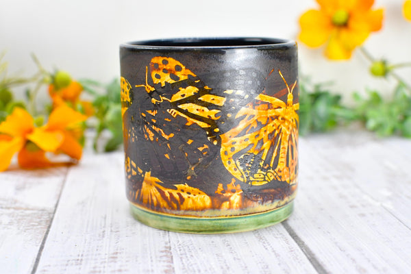 Butterfly Bronze Ceramic Cup for Wine, Whiskey, Bourbon, Pottery Anniversary Handmade Tumbler, Black, Green, Tan, Monarch Garden Lover Gift
