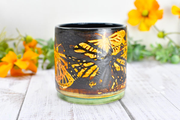 Butterfly Bronze Ceramic Cup for Wine, Whiskey, Bourbon, Pottery Anniversary Handmade Tumbler, Black, Green, Tan, Monarch Garden Lover Gift