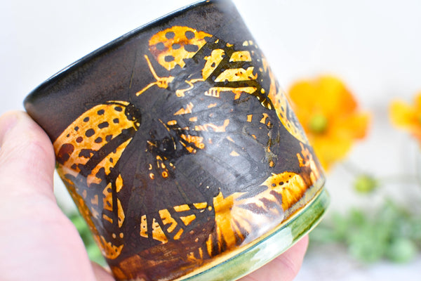 Butterfly Bronze Ceramic Cup for Wine, Whiskey, Bourbon, Pottery Anniversary Handmade Tumbler, Black, Green, Tan, Monarch Garden Lover Gift