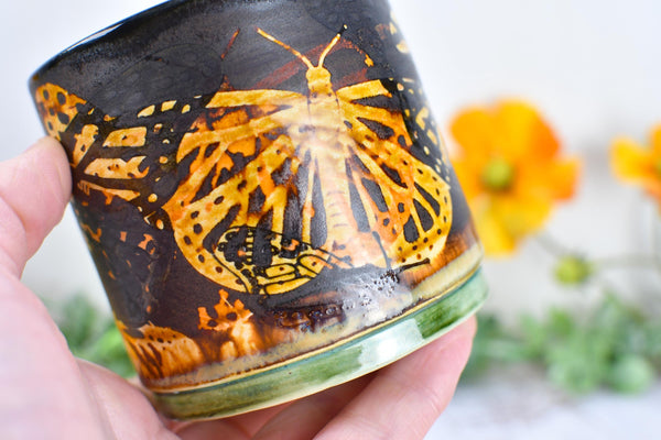 Butterfly Bronze Ceramic Cup for Wine, Whiskey, Bourbon, Pottery Anniversary Handmade Tumbler, Black, Green, Tan, Monarch Garden Lover Gift