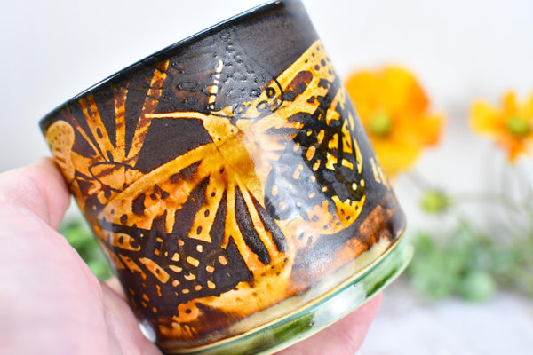 Butterfly Bronze Ceramic Cup for Wine, Whiskey, Bourbon, Pottery Anniversary Handmade Tumbler, Black, Green, Tan, Monarch Garden Lover Gift