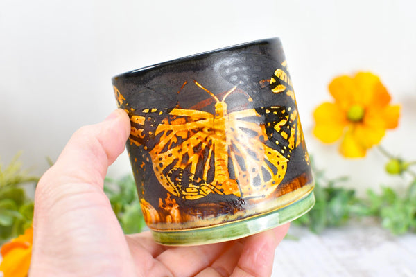 Butterfly Bronze Ceramic Cup for Wine, Whiskey, Bourbon, Pottery Anniversary Handmade Tumbler, Black, Green, Tan, Monarch Garden Lover Gift