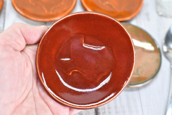 Texas Ceramic Small Coffee Spoon Rest Gift, Handmade Jewelry Trinket Dish, Stoneware Pottery, Orange, Blue, Turquoise, Brown, Green, Black