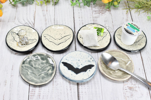 Bat Small Ceramic Coffee Spoon Rest, Handmade Stoneware Pottery Trinket Jewelry Dish, Halloween Black, White, Turquoise, Gray Gothic Decor
