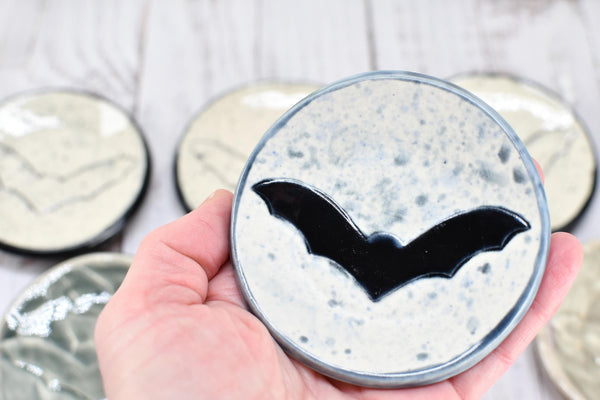 Bat Small Ceramic Coffee Spoon Rest, Handmade Stoneware Pottery Trinket Jewelry Dish, Halloween Black, White, Turquoise, Gray Gothic Decor