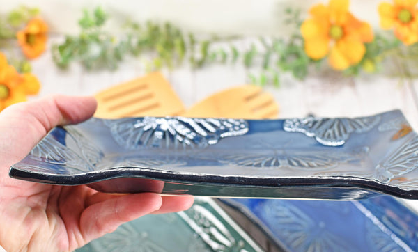 Butterfly Ceramic Dish, Spoon Rest, Handmade Stoneware Pottery for Countertop & Dining, Monarch Green Blue, Cracker Dish, Jewelry Trinket