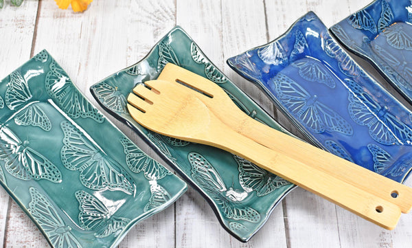 Butterfly Ceramic Dish, Spoon Rest, Handmade Stoneware Pottery for Countertop & Dining, Monarch Green Blue, Cracker Dish, Jewelry Trinket