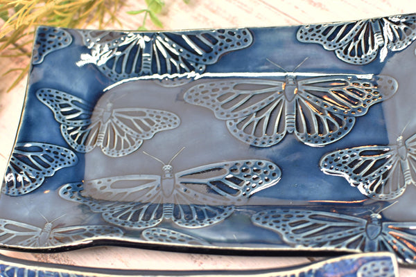 Butterfly Ceramic Dish, Spoon Rest, Handmade Stoneware Pottery for Countertop & Dining, Monarch Green Blue, Cracker Dish, Jewelry Trinket