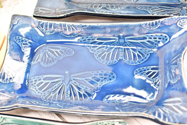 Butterfly Ceramic Dish, Spoon Rest, Handmade Stoneware Pottery for Countertop & Dining, Monarch Green Blue, Cracker Dish, Jewelry Trinket