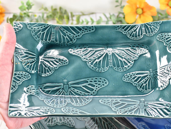 Butterfly Ceramic Dish, Spoon Rest, Handmade Stoneware Pottery for Countertop & Dining, Monarch Green Blue, Cracker Dish, Jewelry Trinket