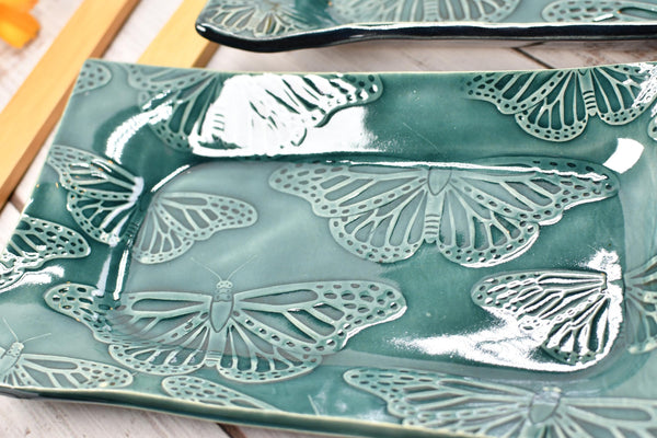 Butterfly Ceramic Dish, Spoon Rest, Handmade Stoneware Pottery for Countertop & Dining, Monarch Green Blue, Cracker Dish, Jewelry Trinket