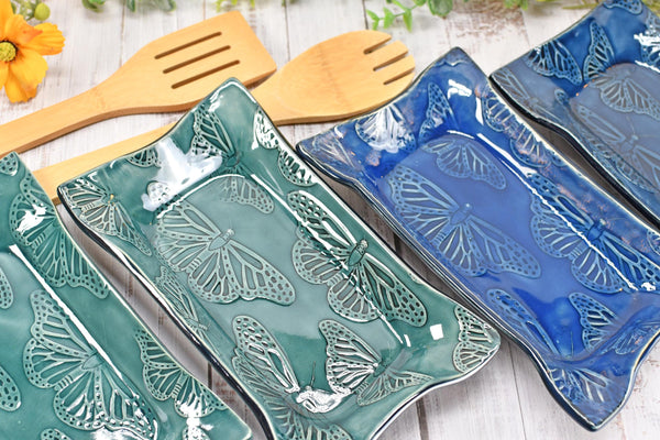Butterfly Ceramic Dish, Spoon Rest, Handmade Stoneware Pottery for Countertop & Dining, Monarch Green Blue, Cracker Dish, Jewelry Trinket
