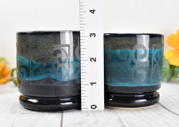 Ceramic Whiskey Cup, Handmade Pottery Stoneware Wine Drink Couples Housewarming Black and Turquoise Blue Birthday Gift, Per Each