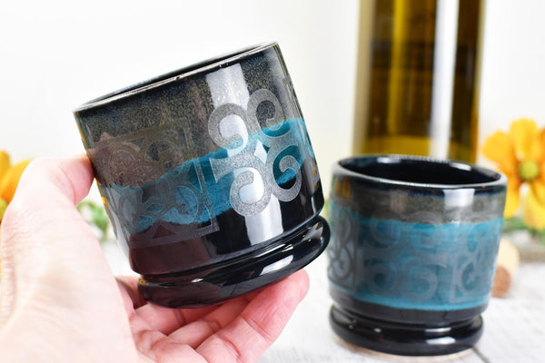 Ceramic Whiskey Cup, Handmade Pottery Stoneware Wine Drink Couples Housewarming Black and Turquoise Blue Birthday Gift, Per Each