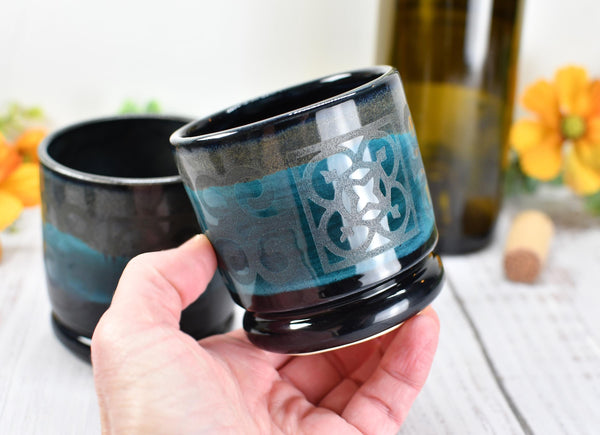 Ceramic Whiskey Cup, Handmade Pottery Stoneware Wine Drink Couples Housewarming Black and Turquoise Blue Birthday Gift, Per Each