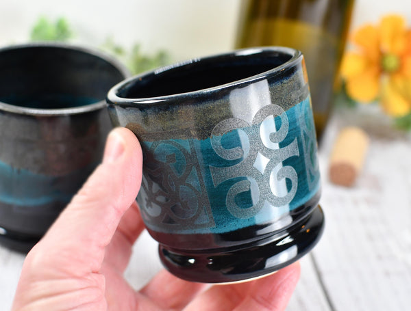 Ceramic Whiskey Cup, Handmade Pottery Stoneware Wine Drink Couples Housewarming Black and Turquoise Blue Birthday Gift, Per Each