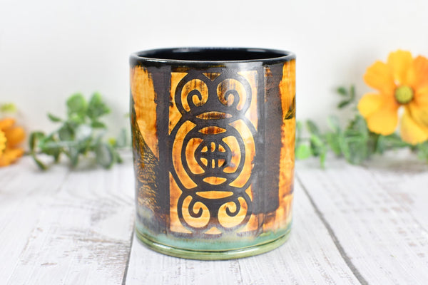 Raven Ceramic Cup Bird Lover Gift Gothic Handmade Coffee Tumbler Stoneware Hand Painted Pottery Drinkware Home Black Green Yellow