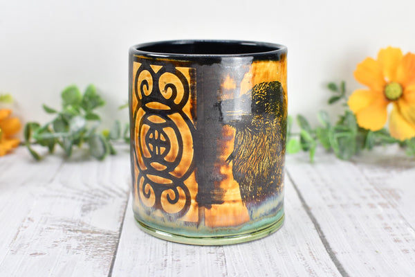 Raven Ceramic Cup Bird Lover Gift Gothic Handmade Coffee Tumbler Stoneware Hand Painted Pottery Drinkware Home Black Green Yellow