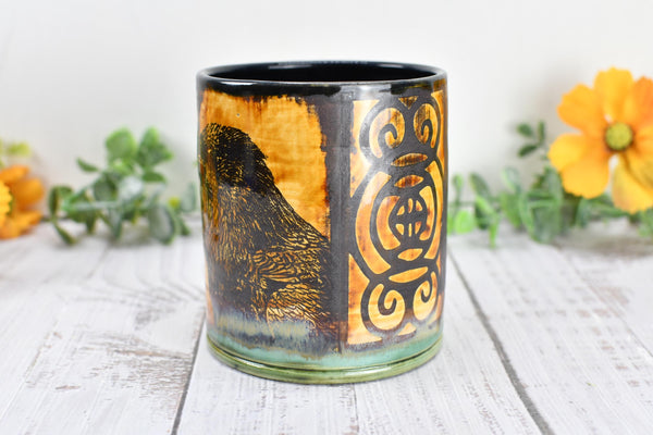 Raven Ceramic Cup Bird Lover Gift Gothic Handmade Coffee Tumbler Stoneware Hand Painted Pottery Drinkware Home Black Green Yellow