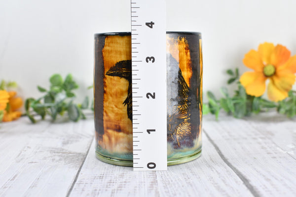 Raven Ceramic Cup Bird Lover Gift Gothic Handmade Coffee Tumbler Stoneware Hand Painted Pottery Drinkware Home Black Green Yellow