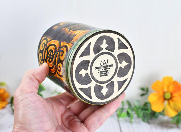 Raven Ceramic Cup Bird Lover Gift Gothic Handmade Coffee Tumbler Stoneware Hand Painted Pottery Drinkware Home Black Green Yellow
