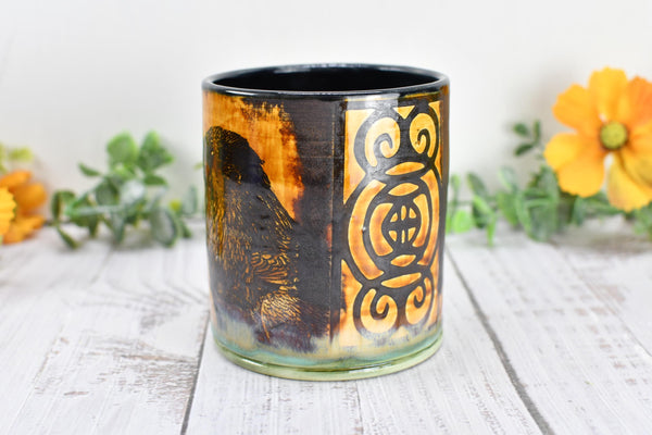 Raven Ceramic Cup Bird Lover Gift Gothic Handmade Coffee Tumbler Stoneware Hand Painted Pottery Drinkware Home Black Green Yellow