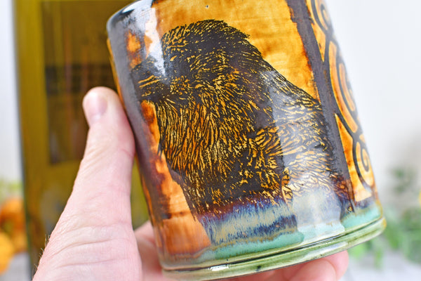 Raven Ceramic Cup Bird Lover Gift Gothic Handmade Coffee Tumbler Stoneware Hand Painted Pottery Drinkware Home Black Green Yellow
