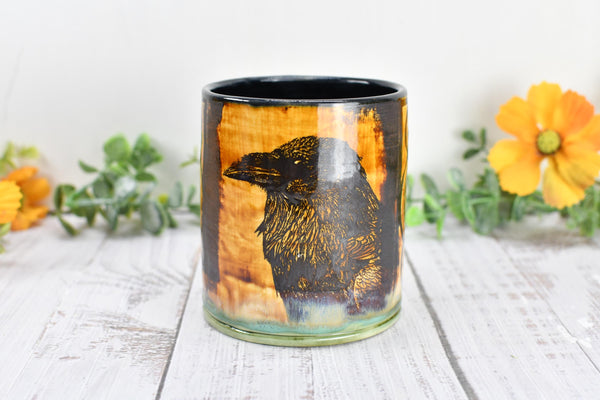 Raven Ceramic Cup Bird Lover Gift Gothic Handmade Coffee Tumbler Stoneware Hand Painted Pottery Drinkware Home Black Green Yellow