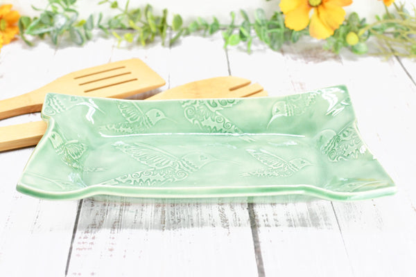 Hummingbird Ceramic Dish, Spoon Rest, Handmade Stoneware Pottery for Countertop & Dining, Green, Cracker Snacks Cheese Dish, Jewelry Trinket