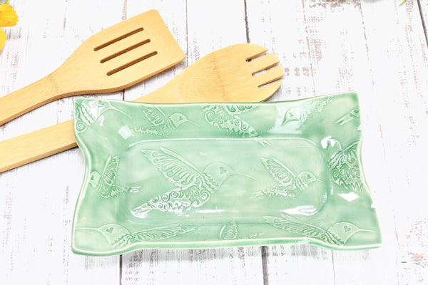 Hummingbird Ceramic Dish, Spoon Rest, Handmade Stoneware Pottery for Countertop & Dining, Green, Cracker Snacks Cheese Dish, Jewelry Trinket