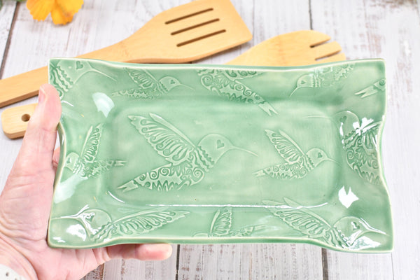 Hummingbird Ceramic Dish, Spoon Rest, Handmade Stoneware Pottery for Countertop & Dining, Green, Cracker Snacks Cheese Dish, Jewelry Trinket