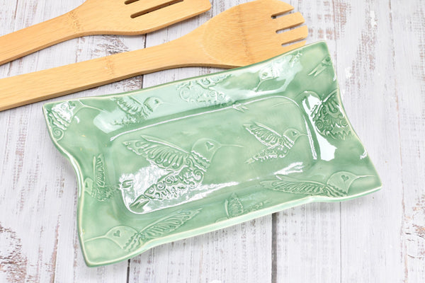 Hummingbird Ceramic Dish, Spoon Rest, Handmade Stoneware Pottery for Countertop & Dining, Green, Cracker Snacks Cheese Dish, Jewelry Trinket