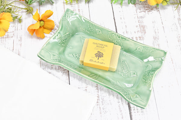 Hummingbird Ceramic Dish, Spoon Rest, Handmade Stoneware Pottery for Countertop & Dining, Green, Cracker Snacks Cheese Dish, Jewelry Trinket