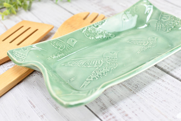 Hummingbird Ceramic Dish, Spoon Rest, Handmade Stoneware Pottery for Countertop & Dining, Green, Cracker Snacks Cheese Dish, Jewelry Trinket