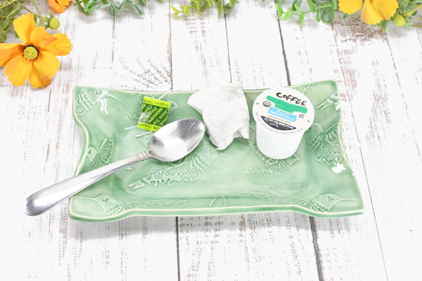 Hummingbird Ceramic Dish, Spoon Rest, Handmade Stoneware Pottery for Countertop & Dining, Green, Cracker Snacks Cheese Dish, Jewelry Trinket