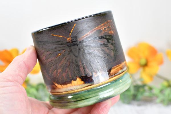 Ceramic Butterfly Bronze Cup - Pottery Anniversary Tumbler, Wine, Whiskey, Bourbon, Handmade, Black, Green, Tan, Monarch Garden Lover Gift