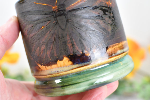 Ceramic Butterfly Bronze Cup - Pottery Anniversary Tumbler, Wine, Whiskey, Bourbon, Handmade, Black, Green, Tan, Monarch Garden Lover Gift