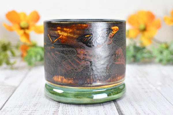 Ceramic Butterfly Bronze Cup - Pottery Anniversary Tumbler, Wine, Whiskey, Bourbon, Handmade, Black, Green, Tan, Monarch Garden Lover Gift