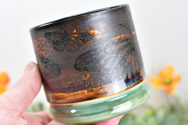 Ceramic Butterfly Bronze Cup - Pottery Anniversary Tumbler, Wine, Whiskey, Bourbon, Handmade, Black, Green, Tan, Monarch Garden Lover Gift