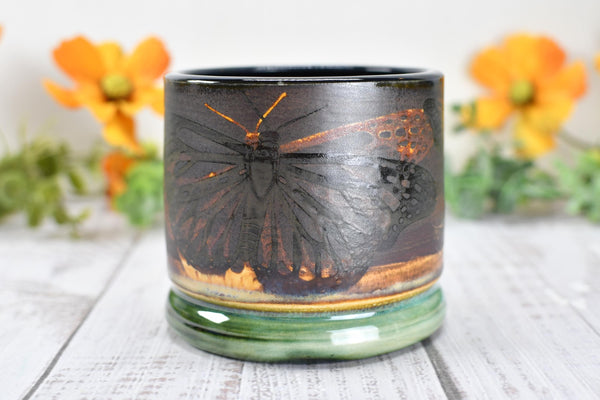 Ceramic Butterfly Bronze Cup - Pottery Anniversary Tumbler, Wine, Whiskey, Bourbon, Handmade, Black, Green, Tan, Monarch Garden Lover Gift
