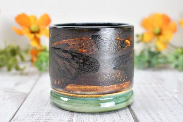 Ceramic Butterfly Bronze Cup - Pottery Anniversary Tumbler, Wine, Whiskey, Bourbon, Handmade, Black, Green, Tan, Monarch Garden Lover Gift