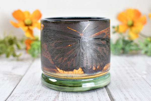 Ceramic Butterfly Bronze Cup - Pottery Anniversary Tumbler, Wine, Whiskey, Bourbon, Handmade, Black, Green, Tan, Monarch Garden Lover Gift