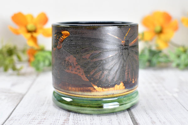 Ceramic Butterfly Bronze Cup - Pottery Anniversary Tumbler, Wine, Whiskey, Bourbon, Handmade, Black, Green, Tan, Monarch Garden Lover Gift
